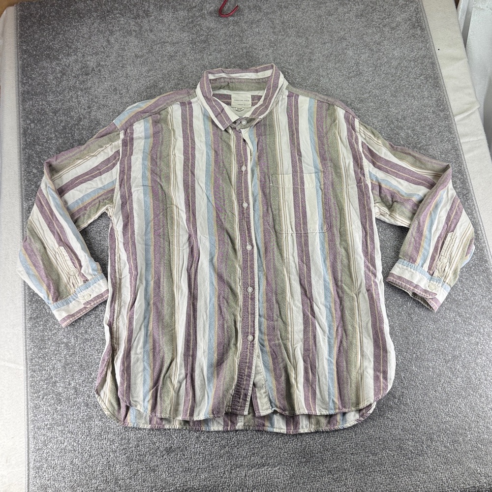 American Eagle Outfitters Button Up Striped Shirt Purple Green Blue Womens XL